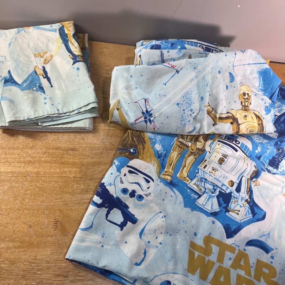 Star Wars Sheet Set Vtg 1977 Twin Blue A New Hope Character Print 4pc Set